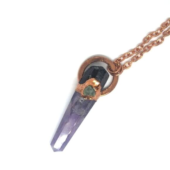 'Enchanto' Green Octagonal Fluorite, Black Tourmaline & Amethyst Necklace - Picture 1 of 10